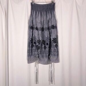 Lapis Smocked Waist Gray Midi Skirt Adjustable Hem